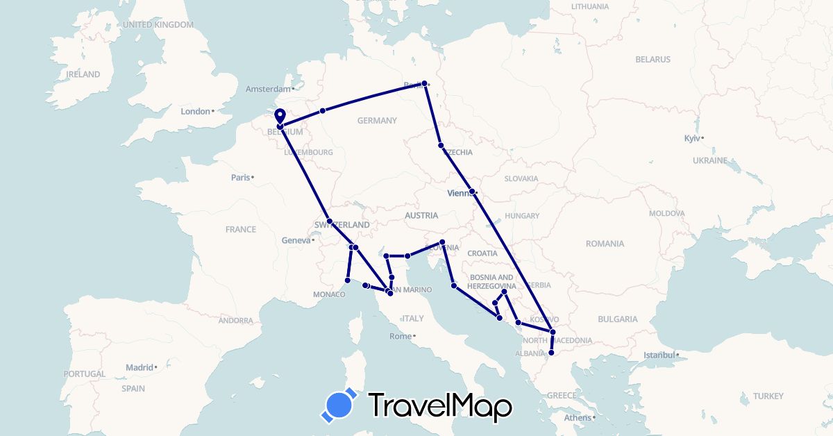 TravelMap itinerary: driving in Austria, Bosnia and Herzegovina, Belgium, Switzerland, Czech Republic, Germany, Croatia, Italy, Montenegro, Macedonia, Slovenia (Europe)