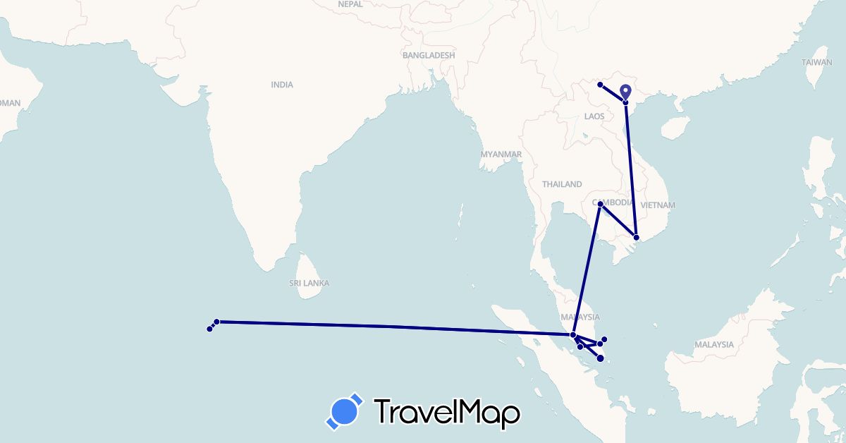 TravelMap itinerary: driving in Cambodia, Maldives, Malaysia, Singapore, Vietnam (Asia)